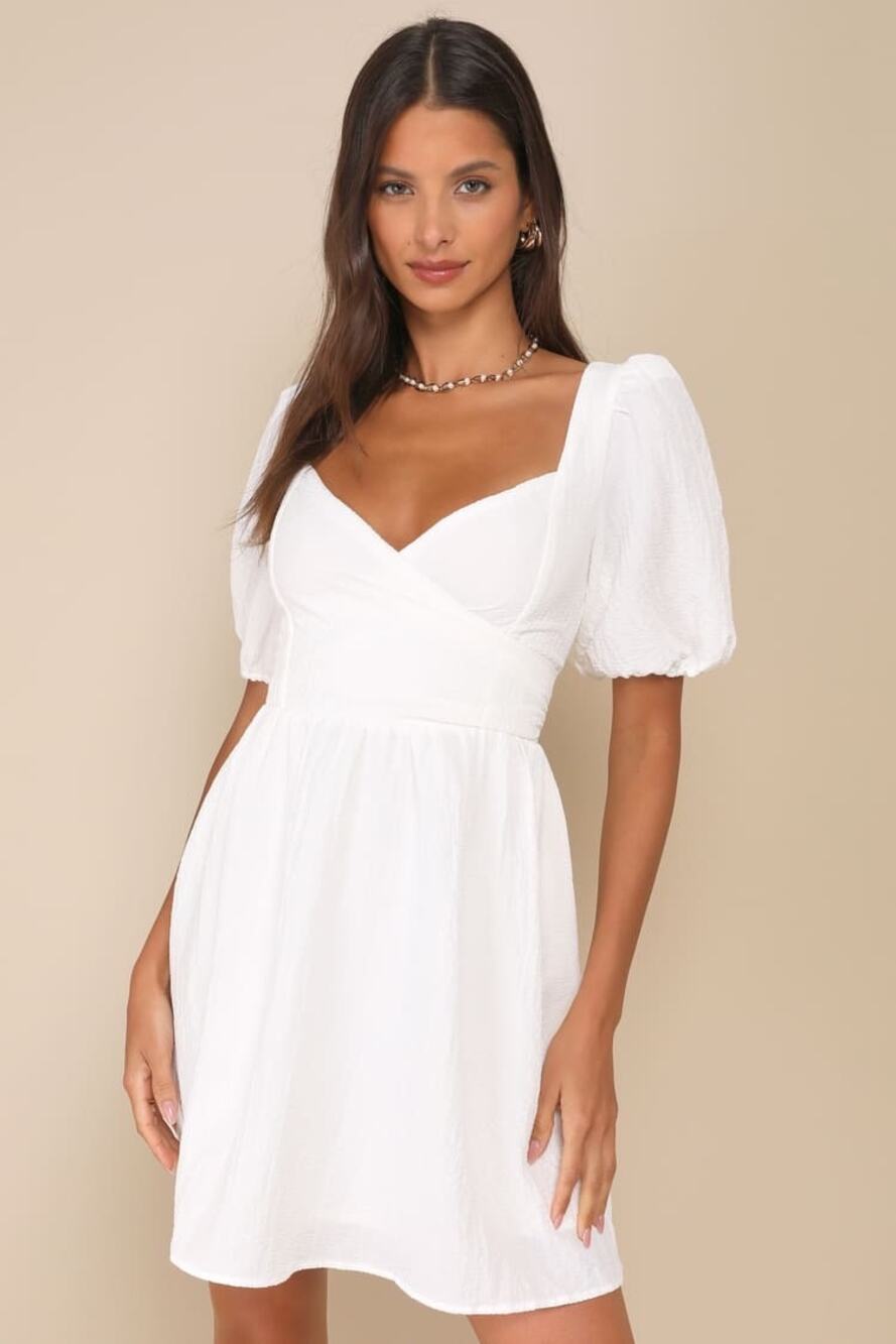 NWT Lulus Little Bit In Love White Surplice Puff Sleeve Mini Dress Cocktail Sz S